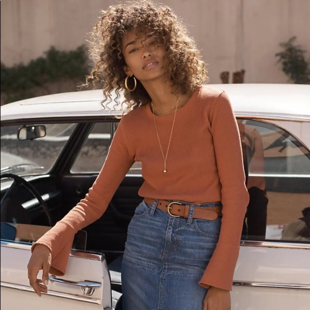 Madewell Ruffle-Cuff Ribbed Top - Picture 1 of 10